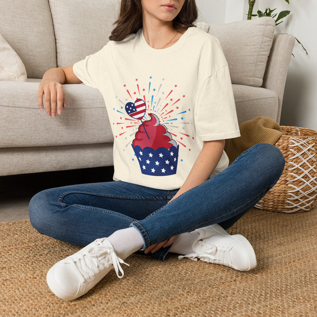 4th of July Patriotic Cupcake T-Shirt - American Flag Heart & Firework Design